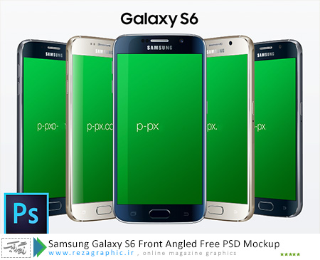 طرح لایه باز پیش نمایش گوشی سامسونگ گلکسی اس 6 - Samsung Galaxy S6 Front Angled PSD Mockup|رضاگرافیک